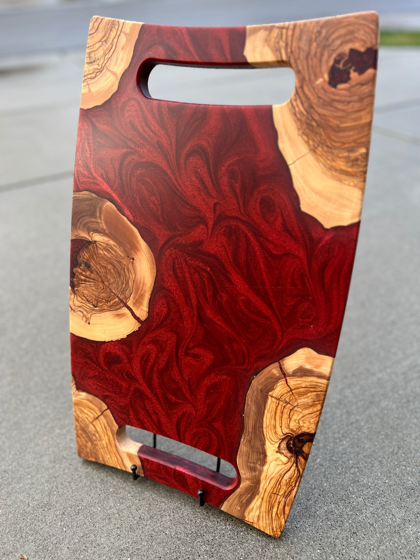 Turkish Olivewood & Red Epoxy Resin Charcuterie Board | Live Edge Serving Board with Cut-Out Handles