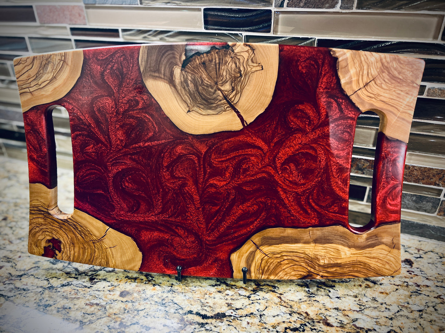 Turkish Olivewood & Red Epoxy Resin Charcuterie Board | Live Edge Serving Board with Cut-Out Handles