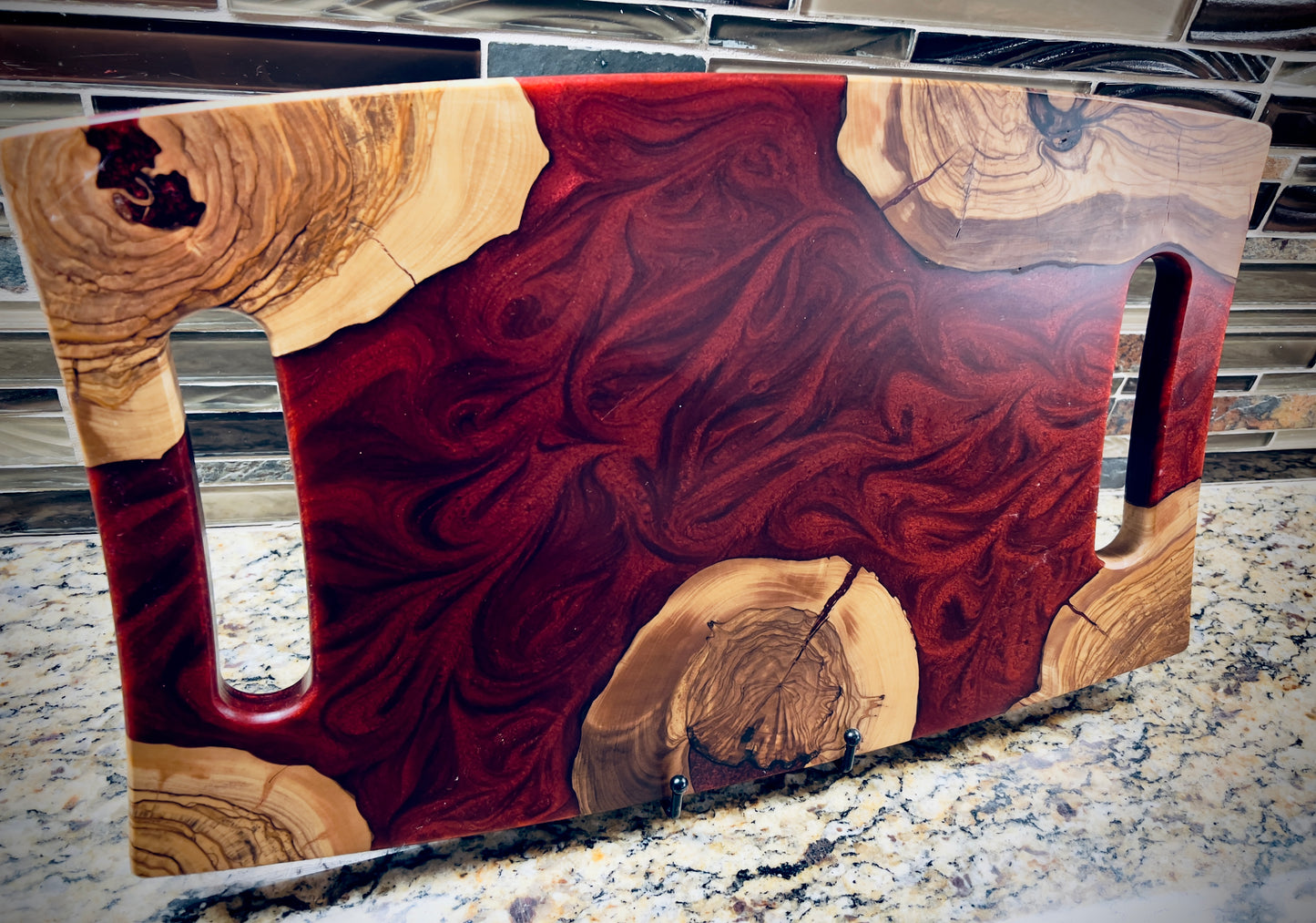 Turkish Olivewood & Red Epoxy Resin Charcuterie Board | Live Edge Serving Board with Cut-Out Handles