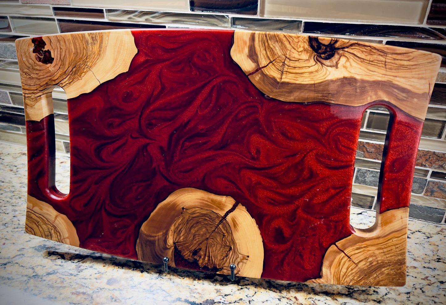 Turkish Olivewood & Red Epoxy Resin Charcuterie Board | Live Edge Serving Board with Cut-Out Handles