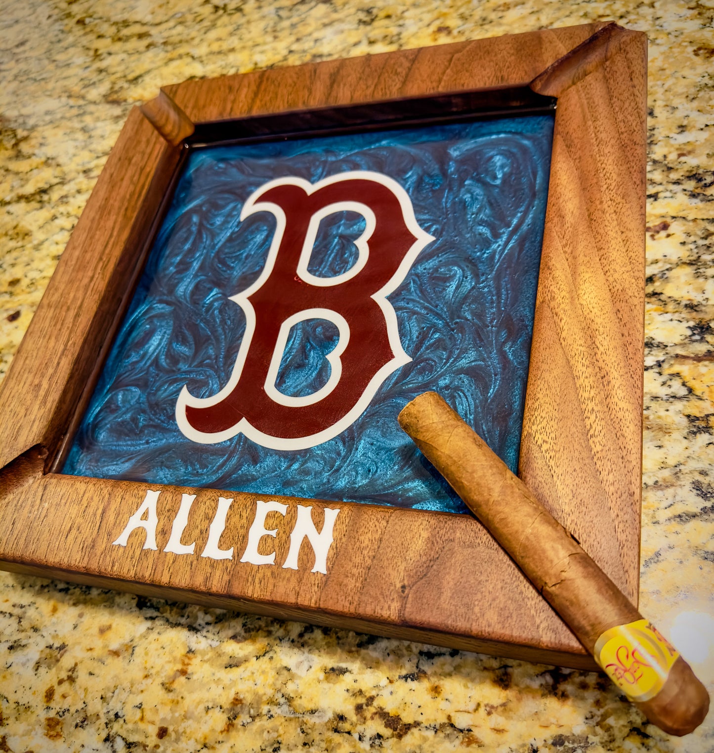 Custom Walnut Cigar Ash Tray — Personalized Epoxy Logo Design