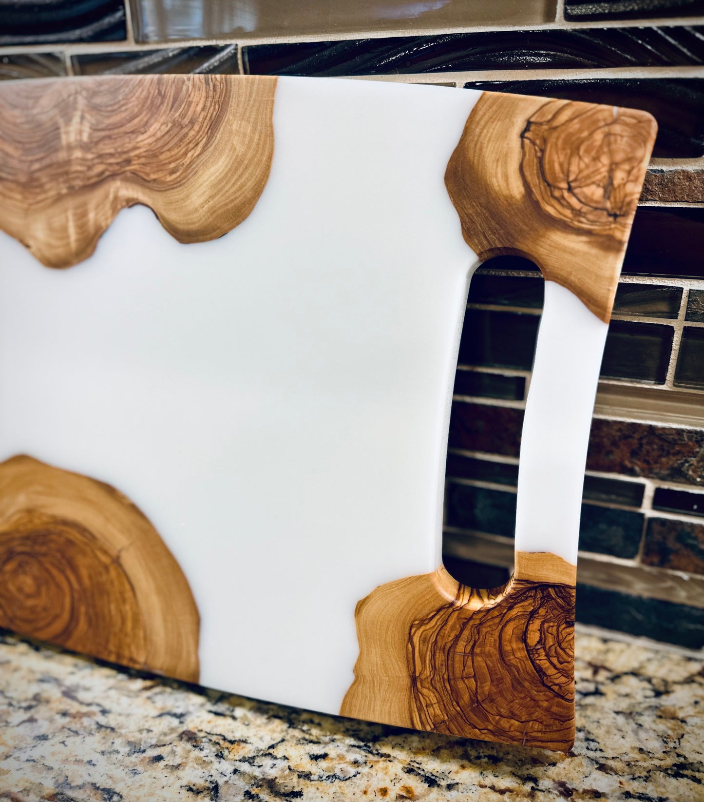 Turkish Olivewood "Milk & Cookies" Charcuterie Board – White Epoxy