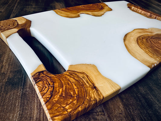 Turkish Olivewood "Milk & Cookies" Charcuterie Board – White Epoxy